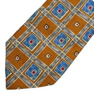 Robert Talbott Omaggio Silk Tie Handmade Italy Geometric Antique Gold Blue Retro